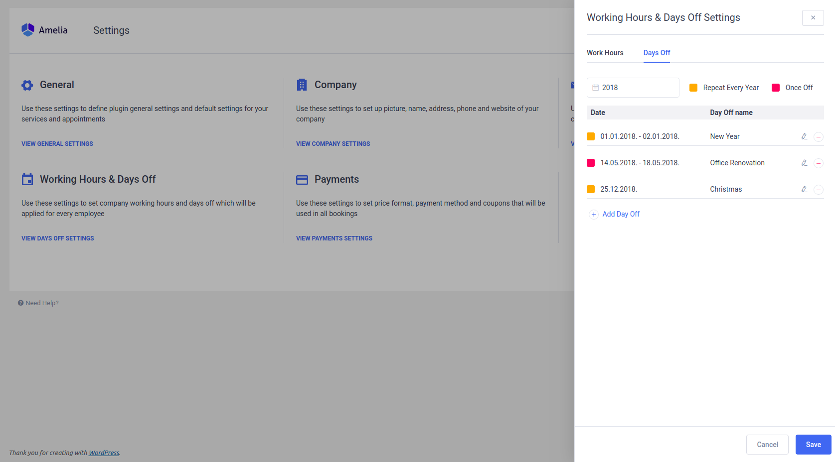 Days Off Settings in Amelia - WordPress Booking Plugin Days Off Settings in Amelia - WordPress Booking Plugin