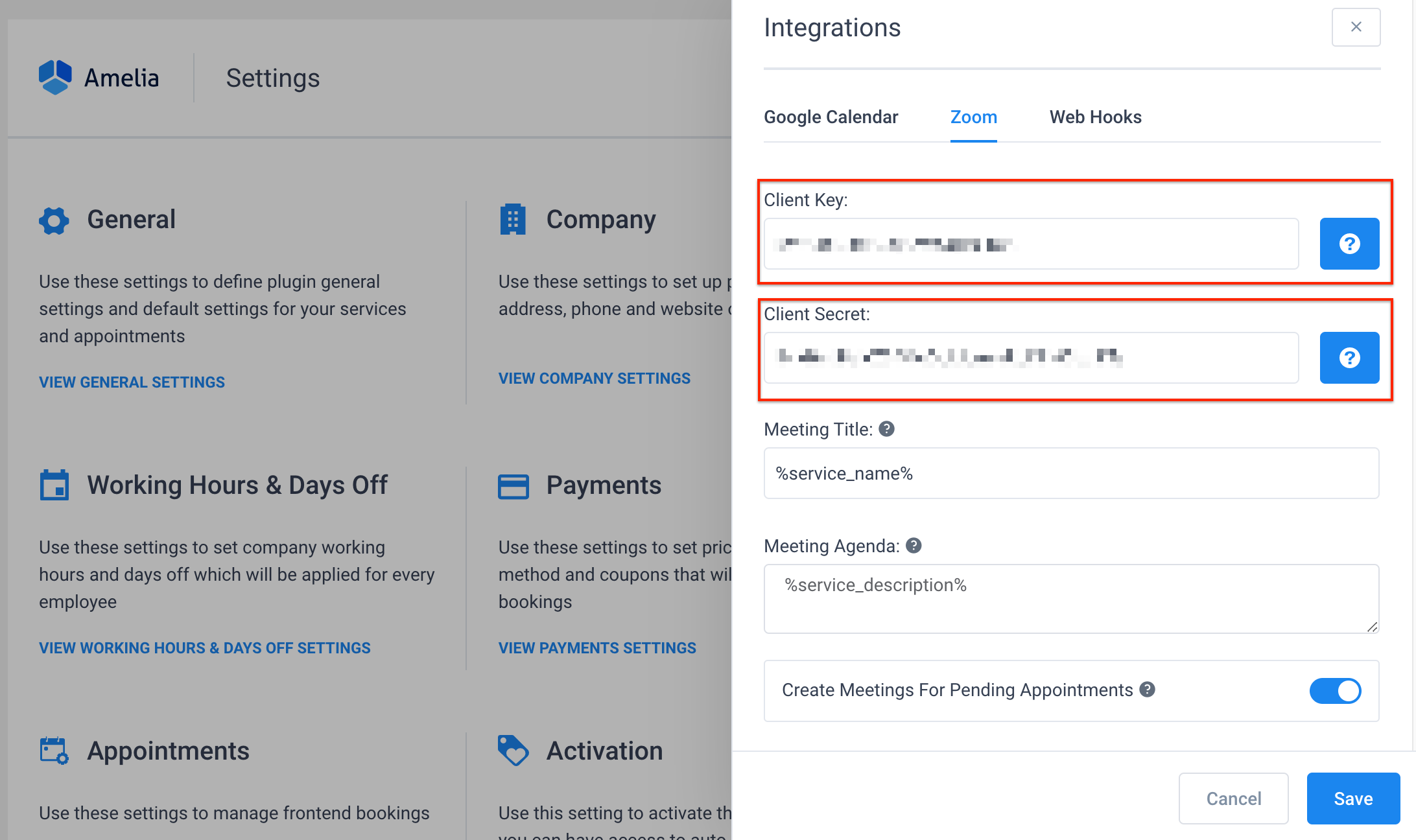 Zoom Settings Amelia WordPress Booking plugin