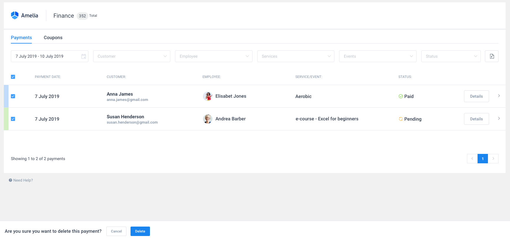 Delete Payment Amelia WordPress Booking plugin