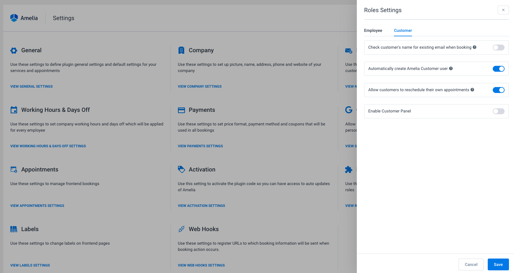 Role Settings enable customer panel