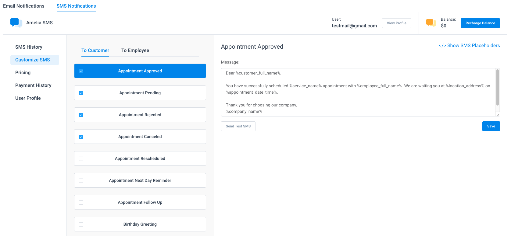 Customize SMS Amelia WordPress Booking Plugin Customize SMS Amelia WordPress Booking Plugin