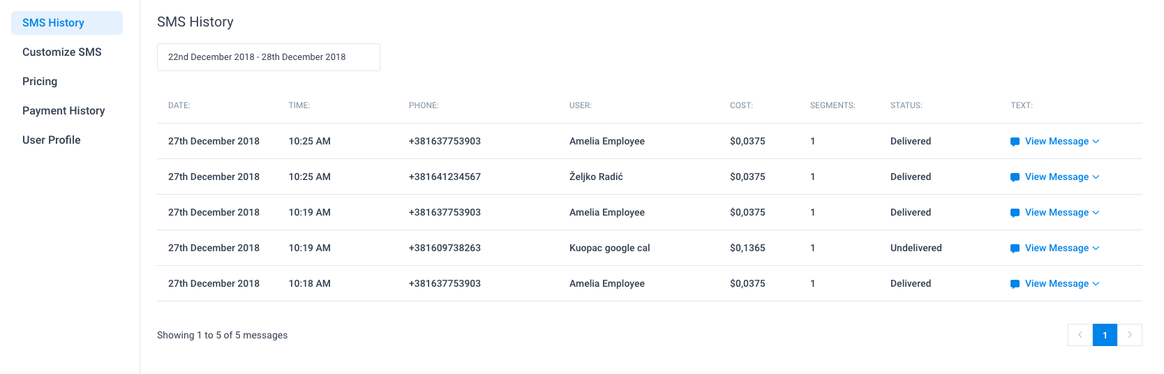 SMS History Amelia WordPress Booking Plugin SMS History Amelia WordPress Booking Plugin