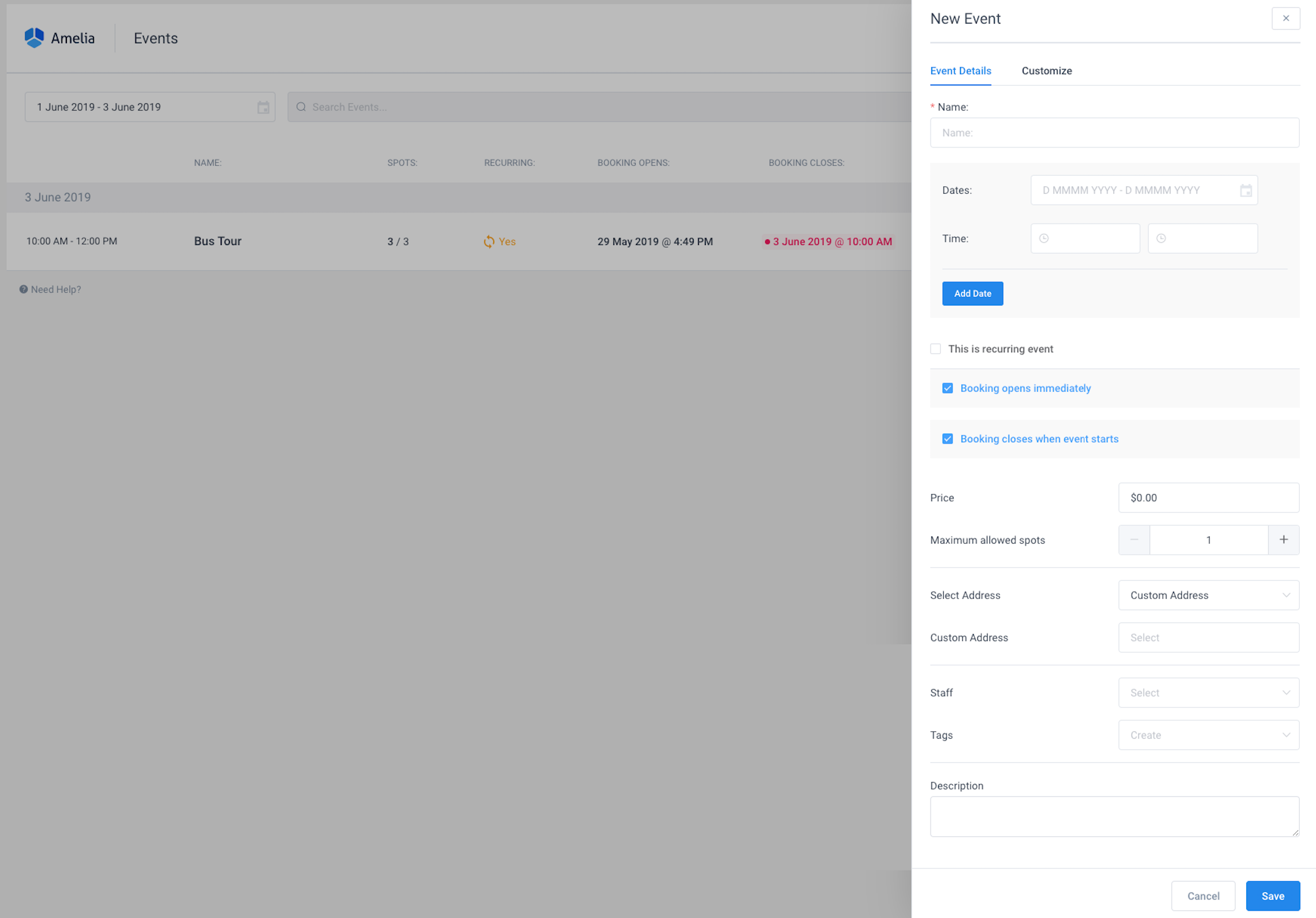Event modal Amelia WordPress booking plugin