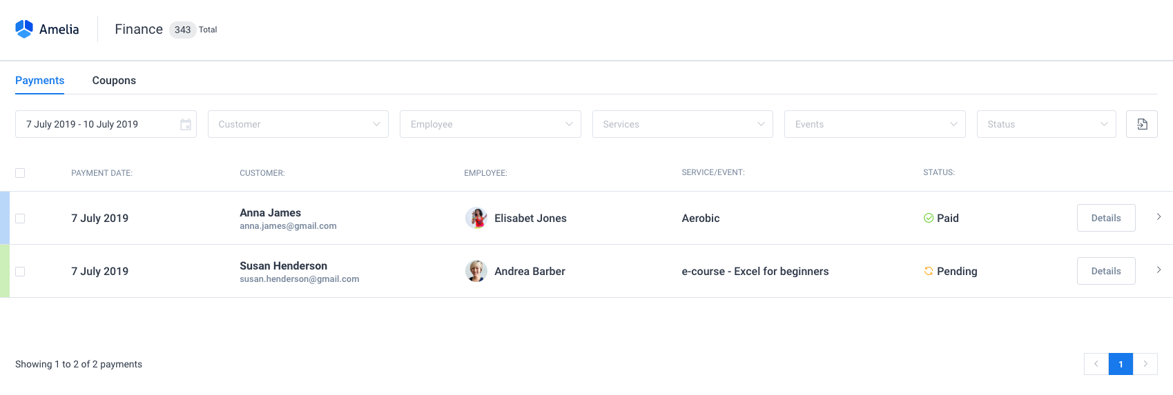 Finance page Amelia WordPress Booking plugin
