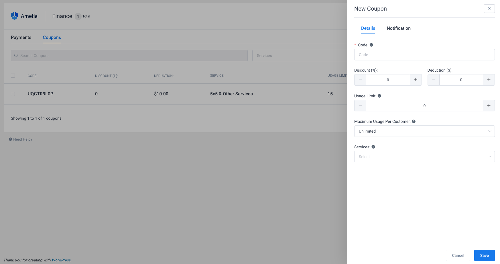 Add Coupon Amelia WordPress Booking plugin