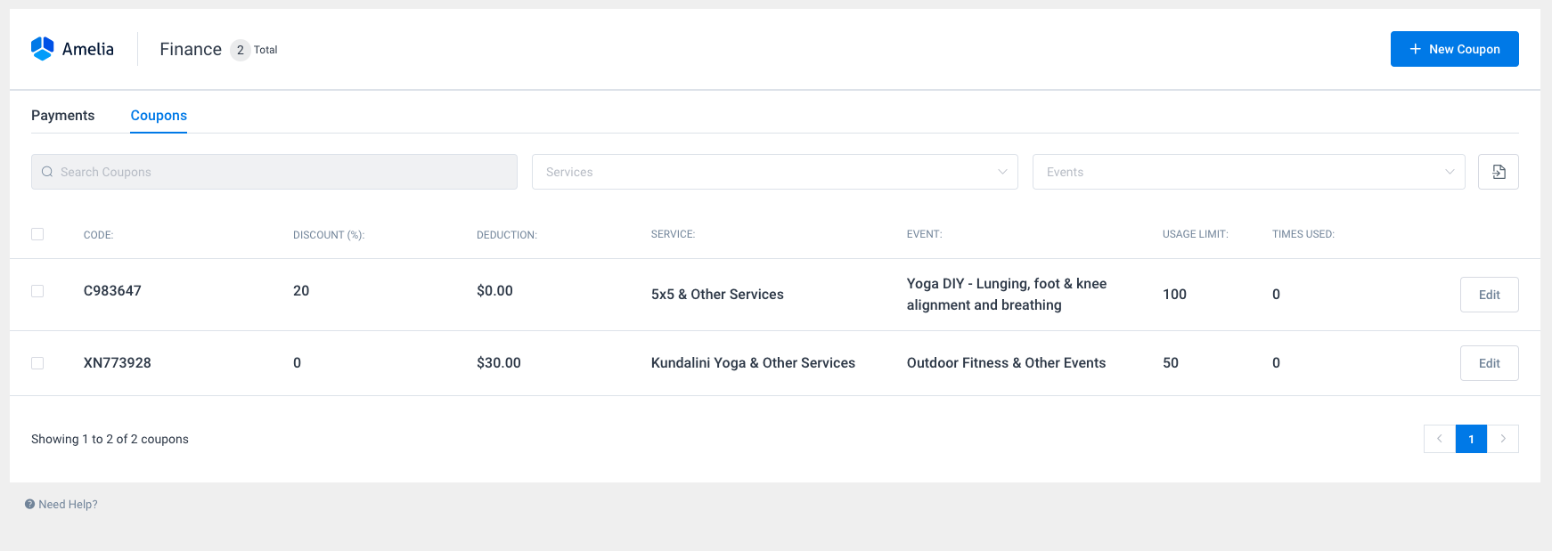 Coupons page Amelia WordPress booking plugin