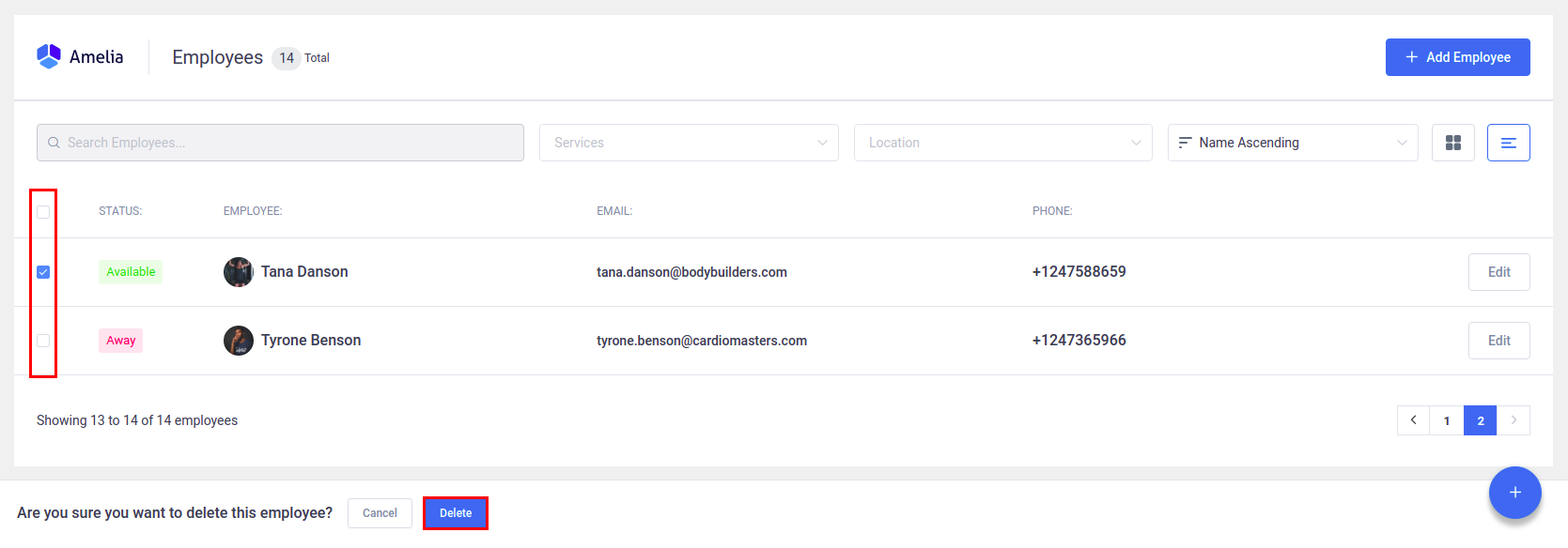 Amelia WordPress - Delete multiple employees Amelia WordPress - Delete multiple employees