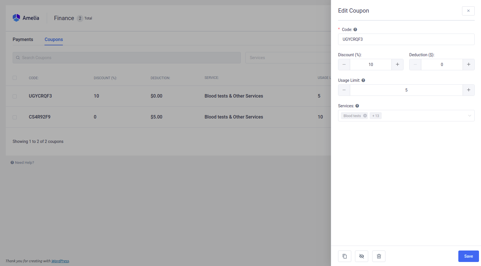 Amelia WordPress - Edit Coupon