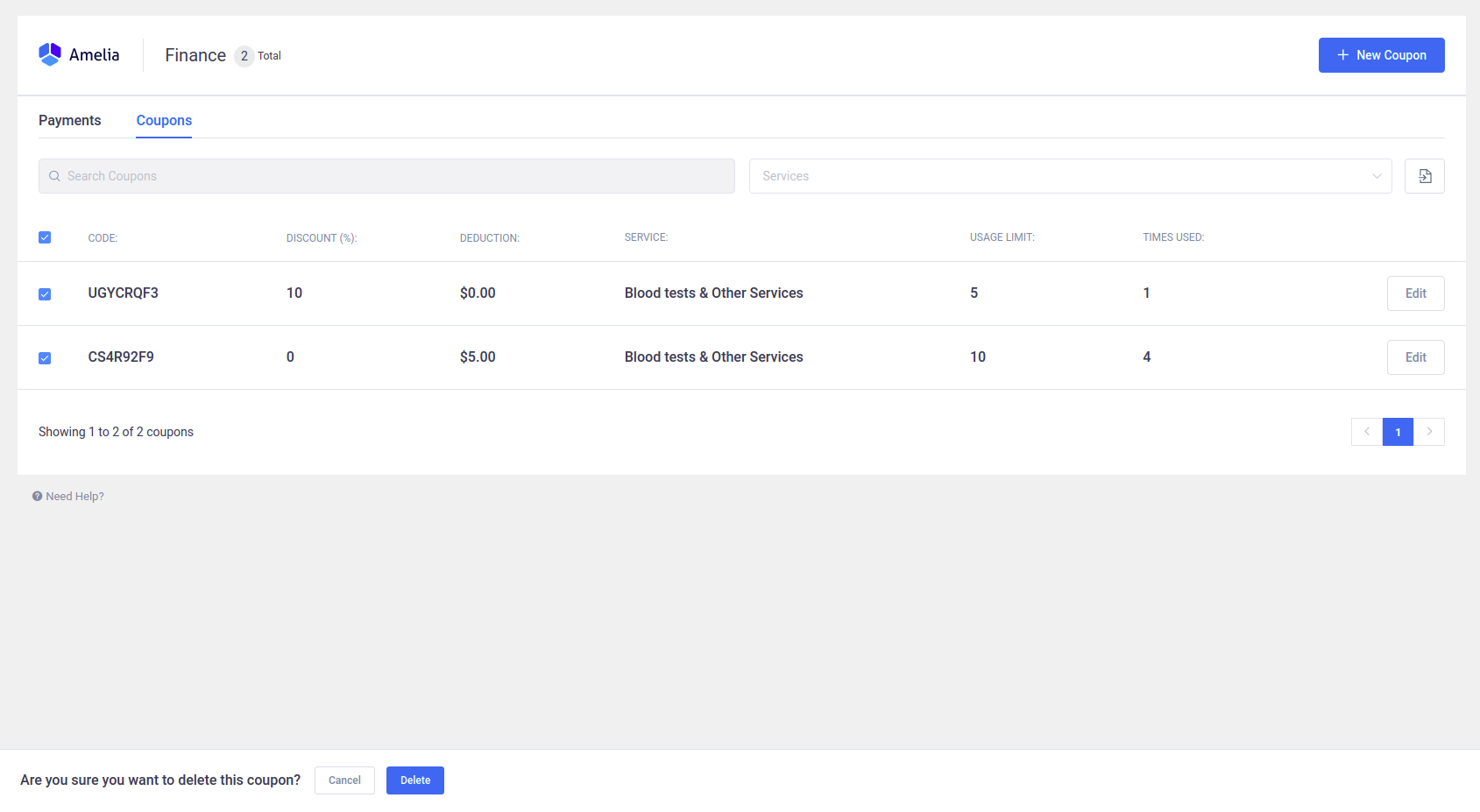 Amelia WordPress - Delete Multiple Coupons