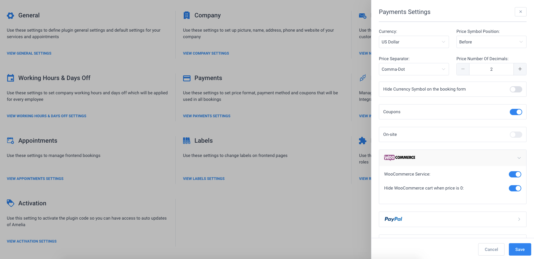Amelia Booking Plugin Payment Settings